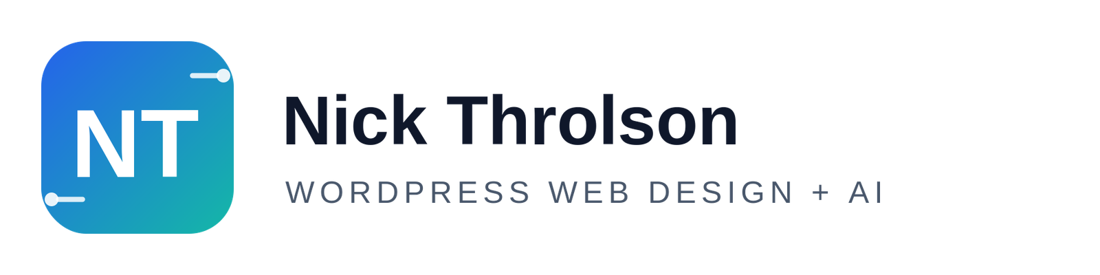 Brand logo: gradient blue square with white NT initials, followed by 'Nick Thorlson' and 'WordPress Web Design + AI' caption.