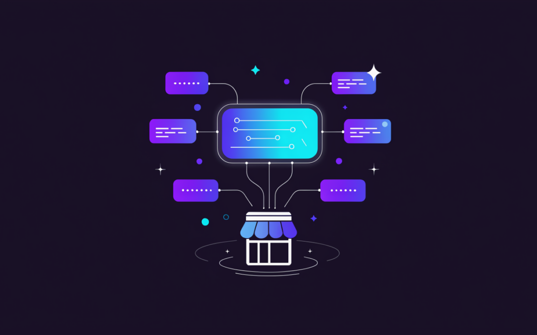Flat illustration of a Google AI Overview answer box citing a small business website