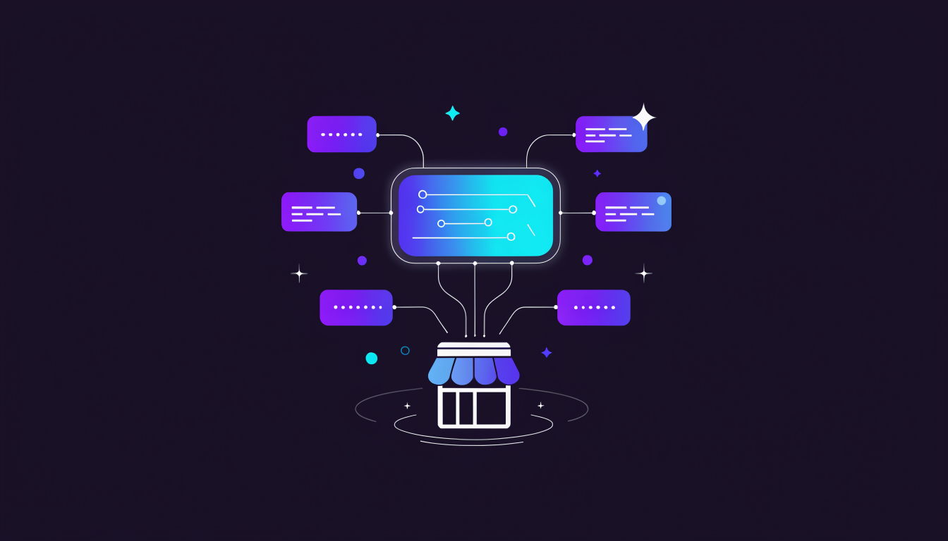 Flat illustration of a Google AI Overview answer box citing a small business website
