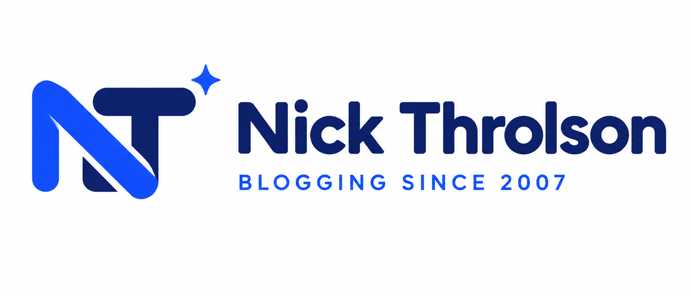 Blue and navy interlocking NT monogram, with 'Nick Thorlson' and 'Blogging Since 2007' wordmark.